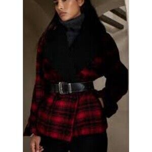 Banana Republic Amelia Red Plaid Winter Jacket Coat L New $270 Chore Faux Fur